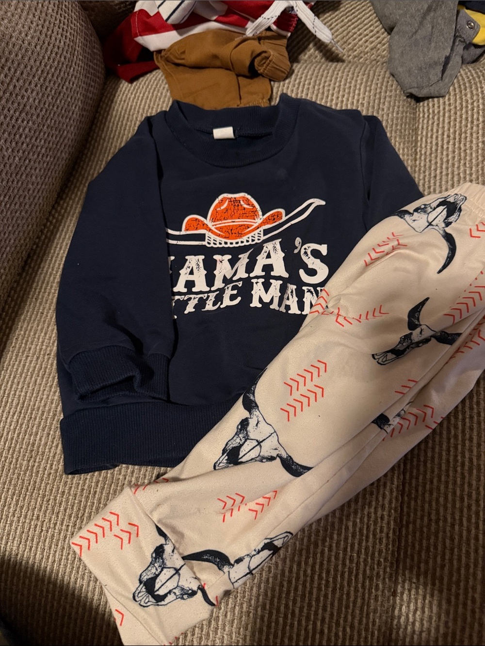 Kids Navy Blue Sweatshirt and Cream Graphic Pants Set - Mama's Little Man